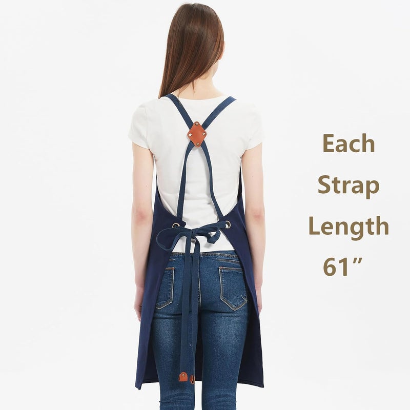 AFUN Chef Aprons for Women Men with Large Pockets, 12-Ounce Cotton Canvas Cross Back Water Repellent Apron (Dark Blue) - Image 3
